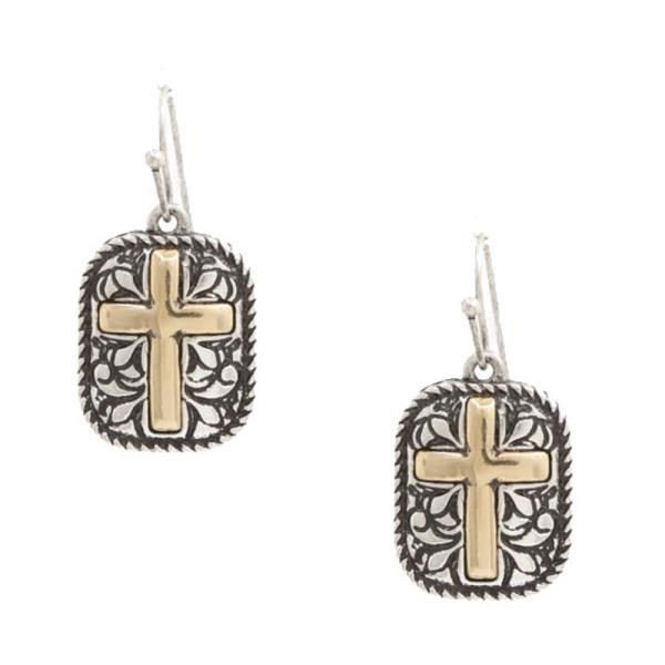 TWO TONE CROSS METAL EARRING