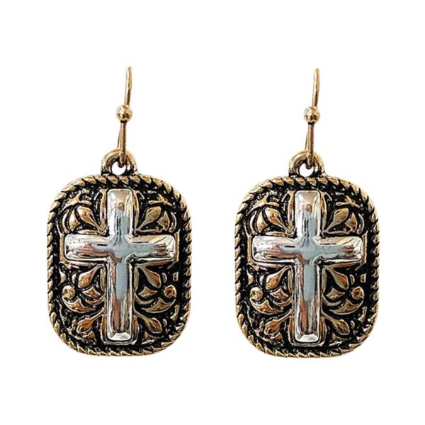 TWO TONE CROSS METAL EARRING
