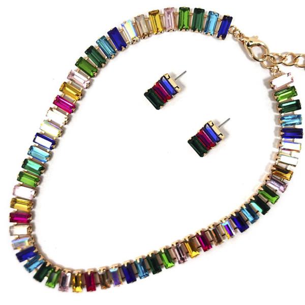 COLOR RHINESTONE NECKLACE EARRING SET