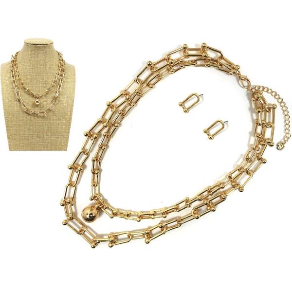 LAYERED METAL CHAIN NECKLACE EARRING SET