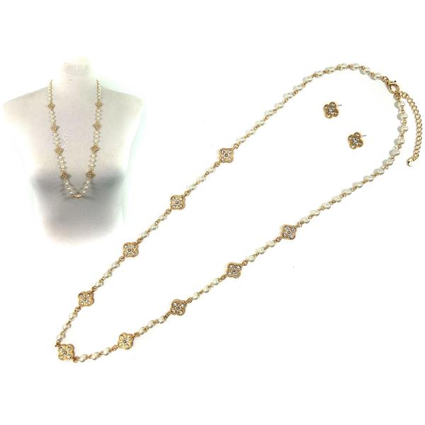 STONE W PEARL CLOVER LINK LONG NECKLACE EARRING SET