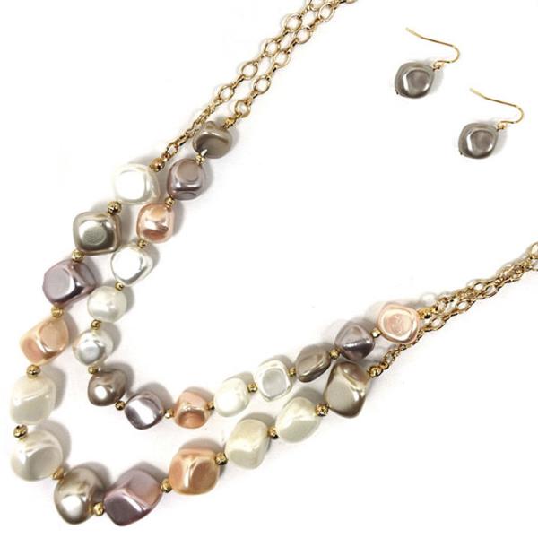 LAYERED METAL W PEARL NECKLACE EARRING SET