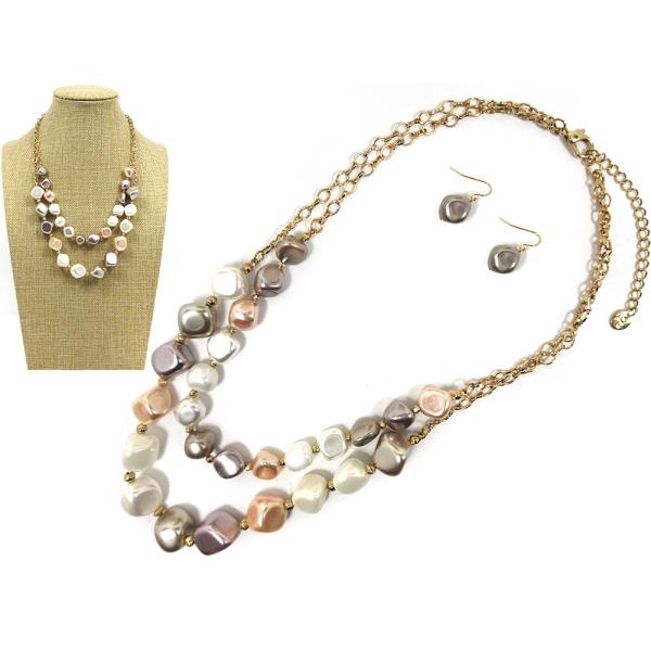 LAYERED METAL W PEARL NECKLACE EARRING SET