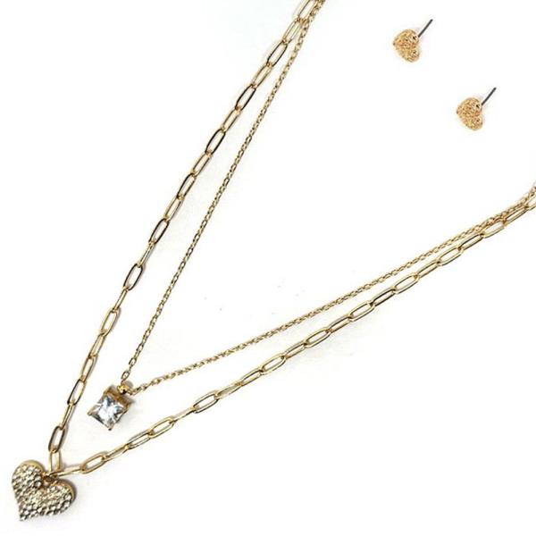 LAYERED METAL W STONE HEART PENDANT NECKLACE EARRING SET