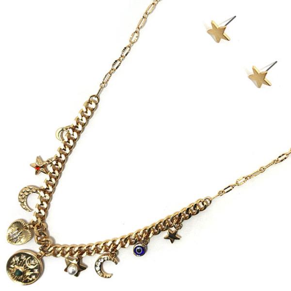 METAL CHAIN W MULTI CHARM NECKLACE EARRING SET