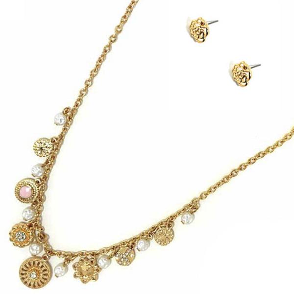 METAL FLOWER W PEARL CHARM NECKLACE EARRING SET