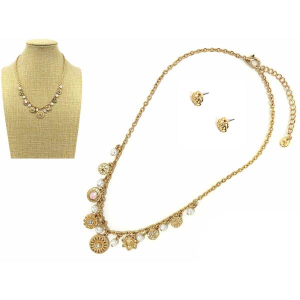 METAL FLOWER W PEARL CHARM NECKLACE EARRING SET