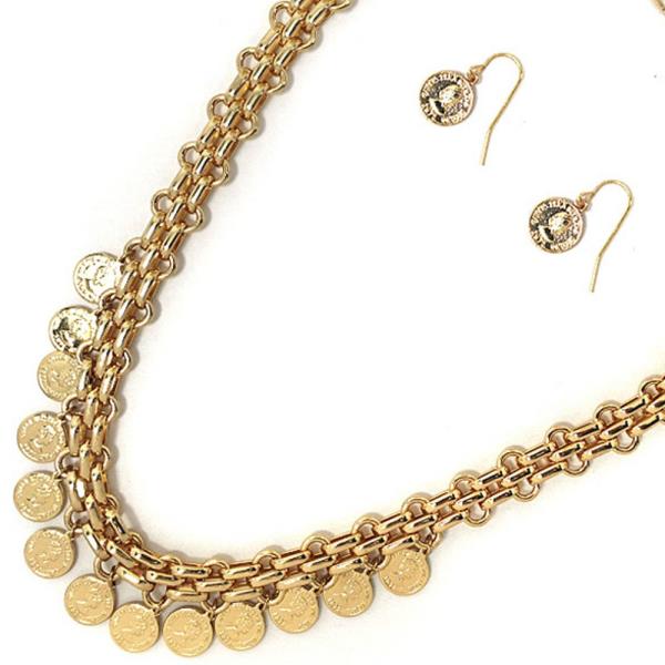 METAL CHAIN W DISK NECKLACE EARRING SET