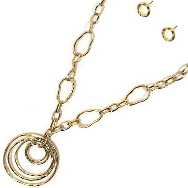 METAL CHAIN W ROUND PENDANT NECKLACE EARRING SET