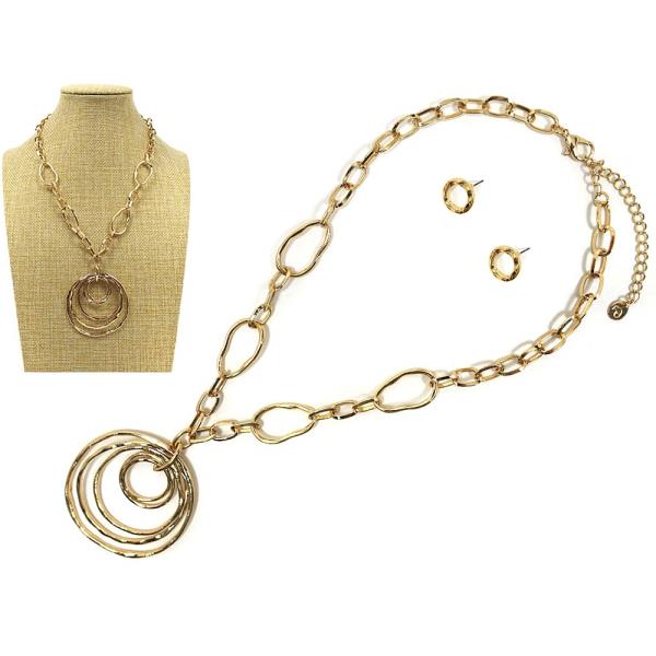 METAL CHAIN W ROUND PENDANT NECKLACE EARRING SET