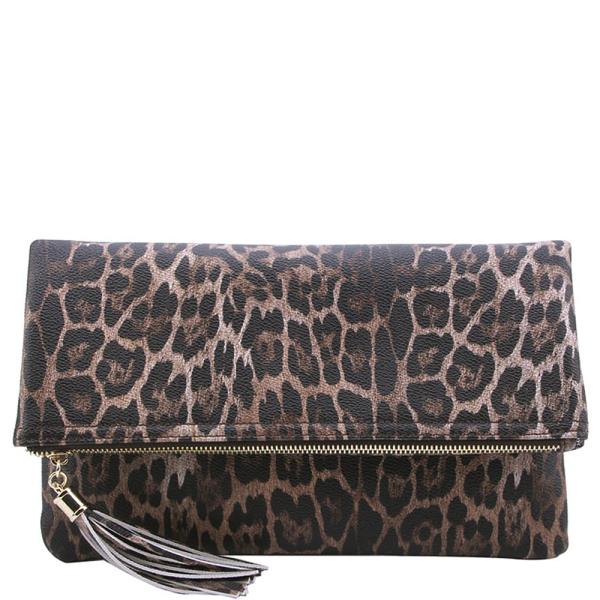 TASSEL FOLD OVER LEOPARD PRINT CLUTCH BAG