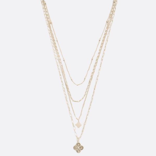 CLOVER CHARM RHINESTONE METAL LAYERED NECKLACE