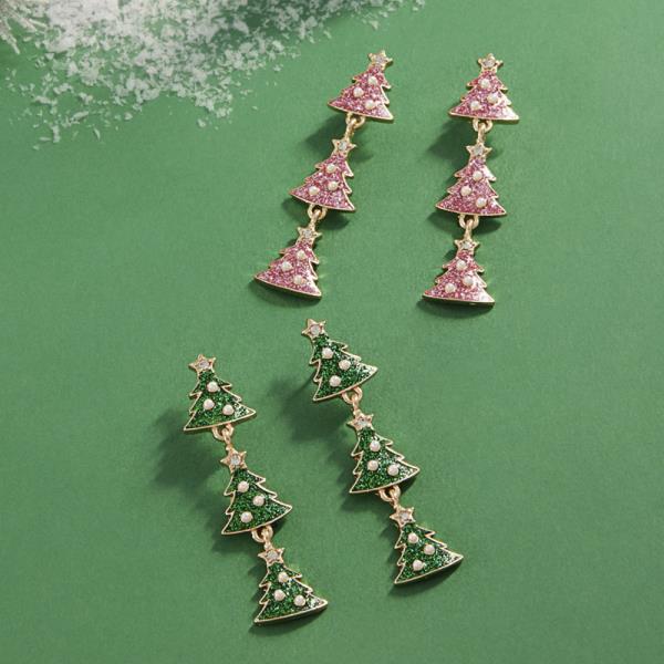 CHRISTMAS TREE SHAPED ENAMEL W/ PEARLS EARRING