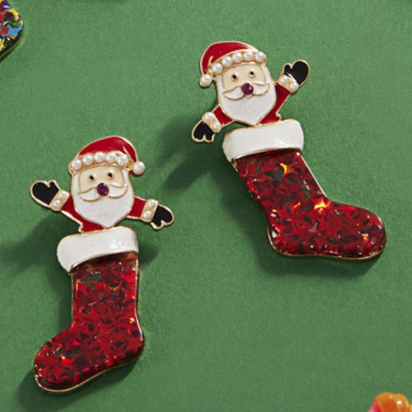 CHRISTMAS ACETATE SOCKS ENAMEL SANTA CLAUS EARRING