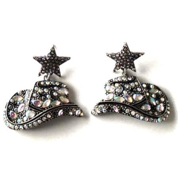 WESTERN STYLE COWBOY HAT RHINESTONE METAL DANGLE EARRING