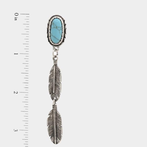 WESTERN STYLE TURQUOISE BEAD FEATHER DANGLE EARRING