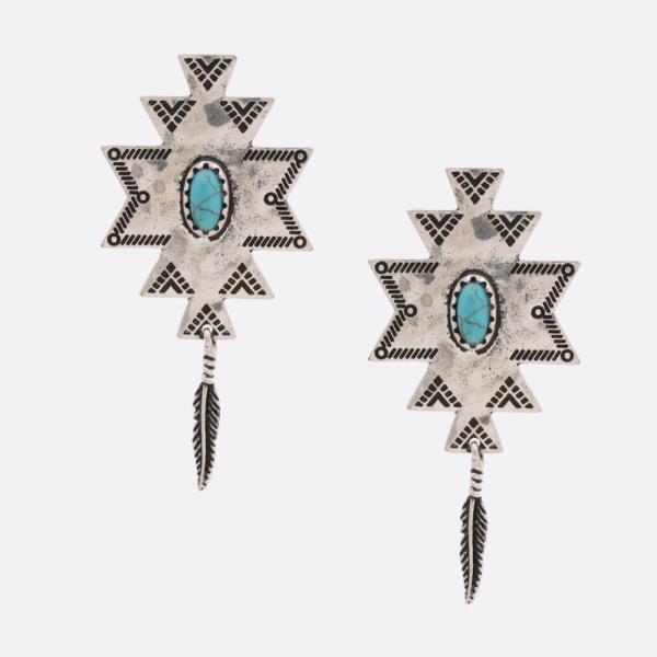 WESTERN STYLE FEATHER AZTEC METAL DANGLE EARRING