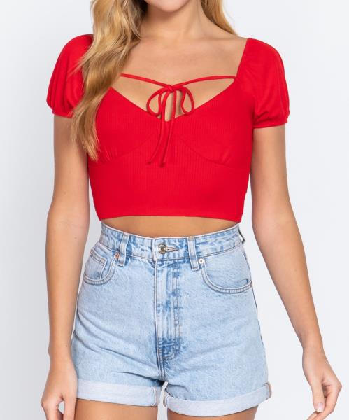 ($4.80 x 6 PCS) SHORT SLV RIBBON DETAIL CROP TOP