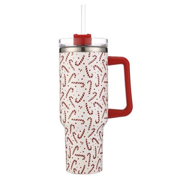 CHRISTMAS CANDY CANE 40 OZ TUMBLER WITH STRAW