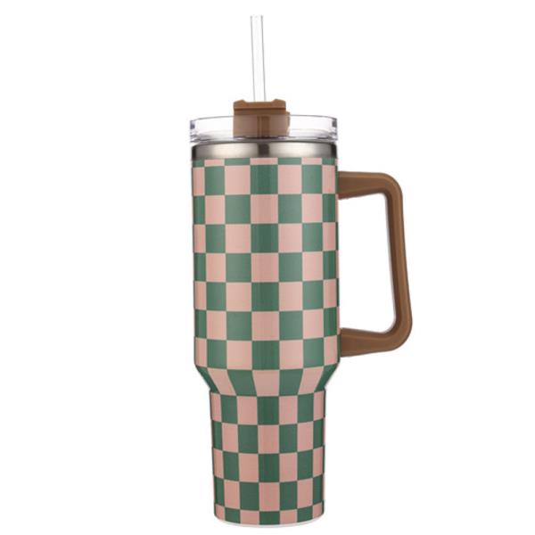 40OZ CHECKER HANDLE TUMBLER WITH STRAW