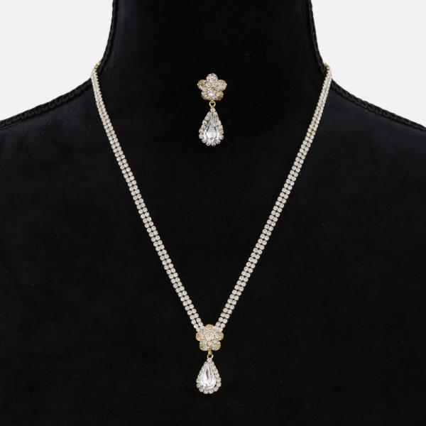 FLOWER TEARDROP LINK RHINESTONE NECKLACE