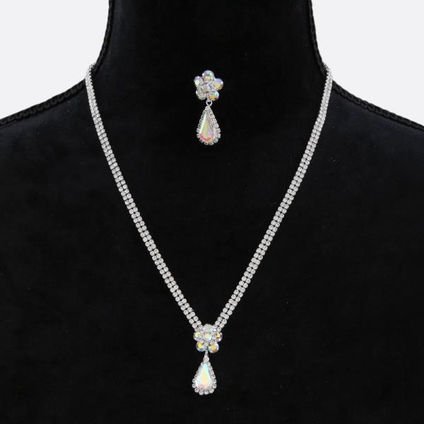 FLOWER TEARDROP LINK RHINESTONE NECKLACE