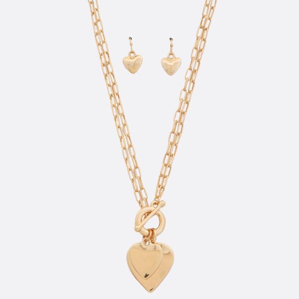 DOUBLE HEART PENDANT TOGGLE CLASP OVAL LINK LAYERED NECKLACE