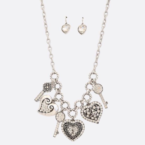 HEART KEY CHARM CIRCLE LINK RHINESTONE METAL NECKLACE