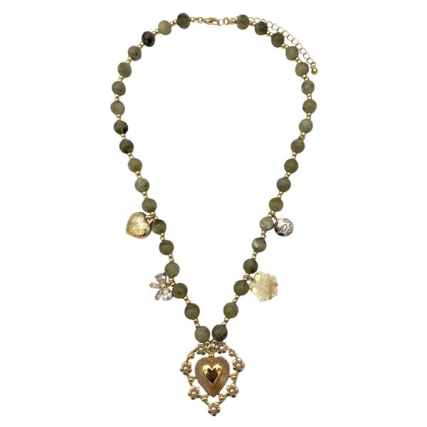 HEART CHARM STATIO BEADED NECKLACE