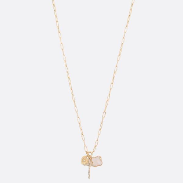 CROSS CHARM CLOVE HEART OVAL LINK NECKLACE