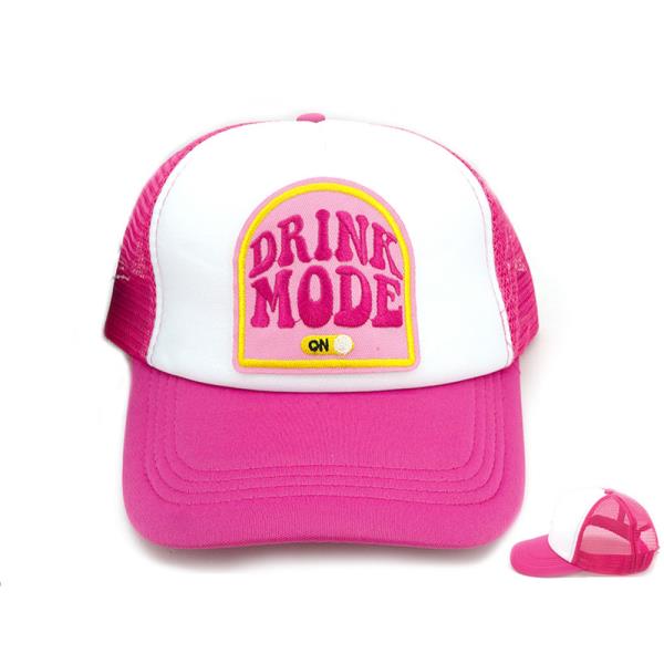 DRINK MODE ON EMRBOIDERED PATCH TRUCKER MESH CAP