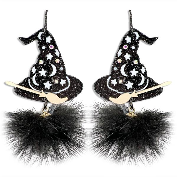 HALLOWEEN WITCH HAT POM POM DANGLE EARRING
