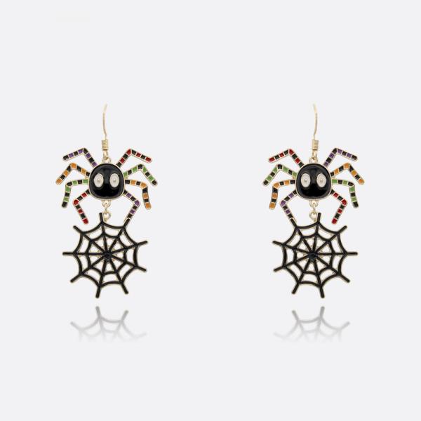 HALLOWEEN COLORFUL SPIDER WITH BLACK WEB 2 TIER ENAMEL DANGLE EARRING