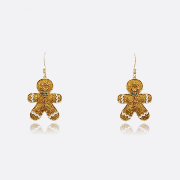 CHRISTMAS HAPPY GINGERBREAD MAN WITH BOWTIE GLITTER ENAMEL DANGLE EARRING