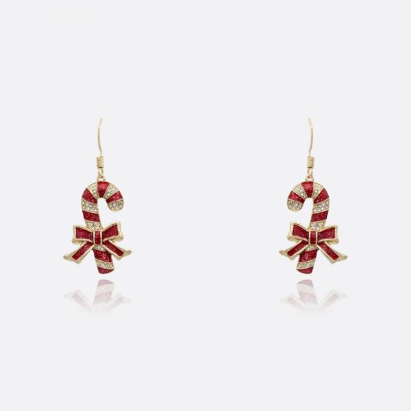 CHRISTMAS RED STRIPED RHINESTONE PAVED CANDY CANE WITH BOW ENAMEL DANGLE EARRING