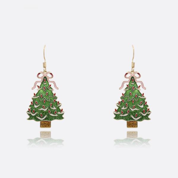 CHRISTMAS TREE WITH PINK BOW GLITTER ENAMEL DANGLE EARRING