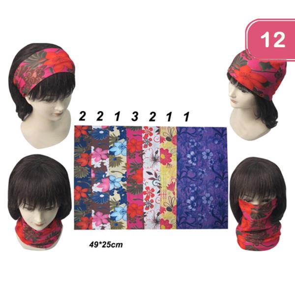 FLORAL PRINT MULTI FUNCTION UNISEX LOOP SCARF BANDANA HAIR (12 UNITS)