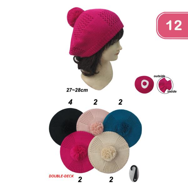 KNIT BERET HAT WITH POM POM (12 UNITS)