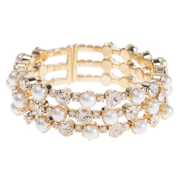 RHINESTONE MEMORY WIRE PEARL 3LINE BRACELET