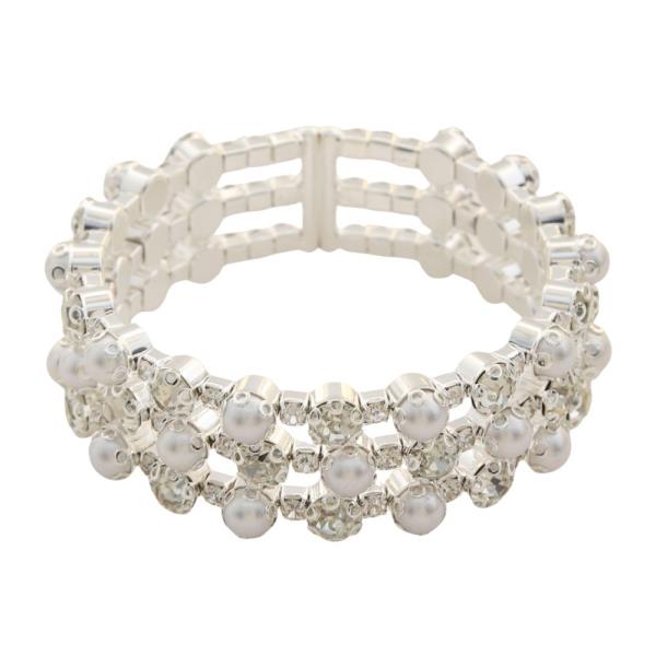 RHINESTONE MEMORY WIRE PEARL 3LINE BRACELET