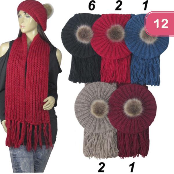 BERET HAT WITH POM POM SCARF SET (12 UNITS)