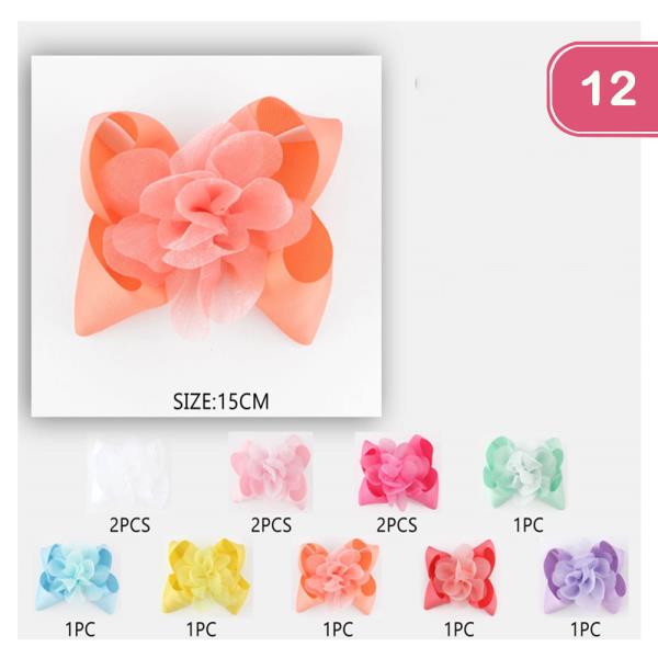 FLOWER RIBBON HAIR BOW PIN (12 UNITS)