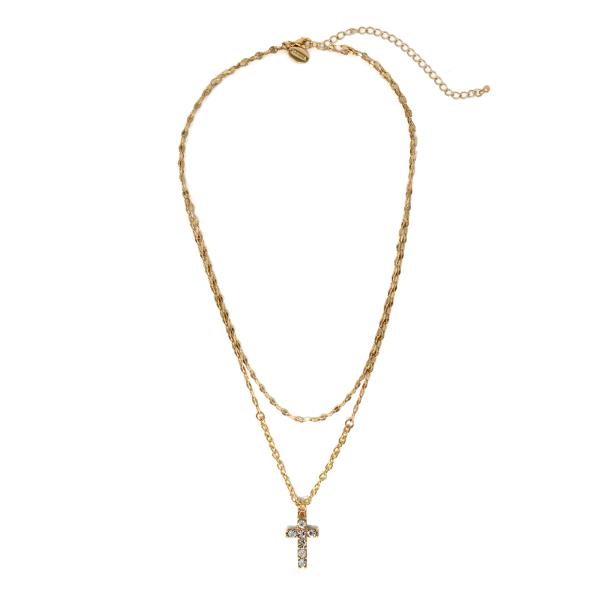 2 LAYERED METAL CHAIN CROSS PENDANT NECKLACE