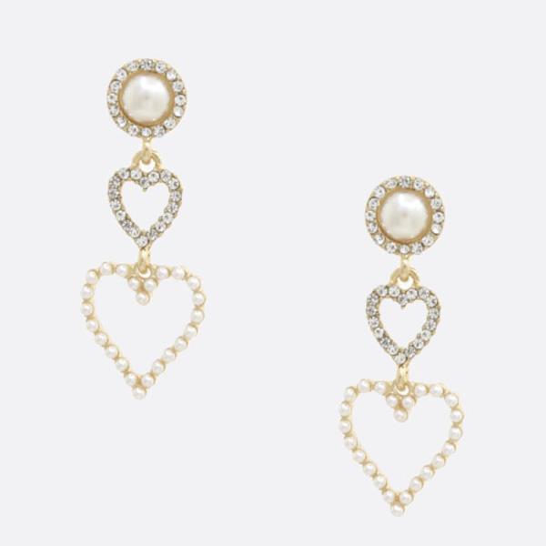 DOUBLE HEART PEARL RHINESTONE DANGLE EARRING