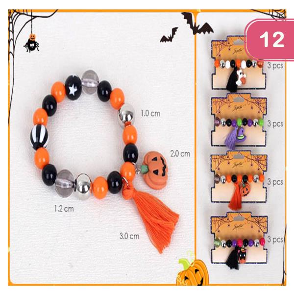 ASSORTED BEAD HALLOWEEN CHARM TASSEL STRETCHABLE BRACELET (12 UNITS)