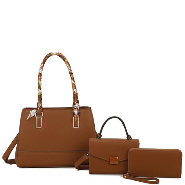 3IN1 SCARF TOP HANDLE SATCHEL W MINI BAG AND WALLET SET