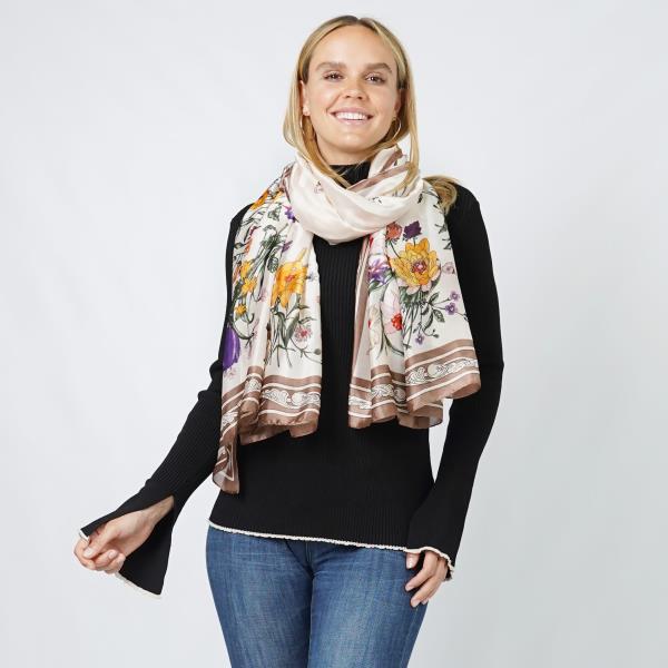 FLOWER PRINT SATIN OBLONG SCARF