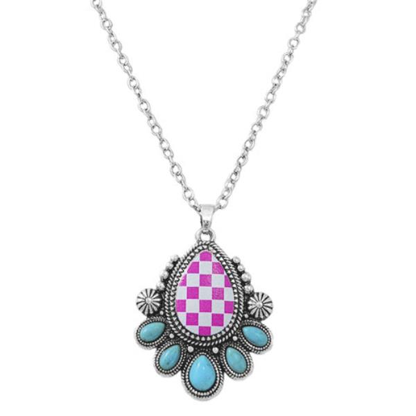 WESTERN STYLE TQ STONE CHECKER PENDANT NECKLACE