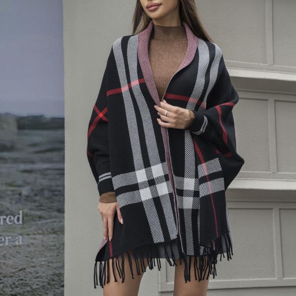 PLAID TASSEL SHAWL PONCHO