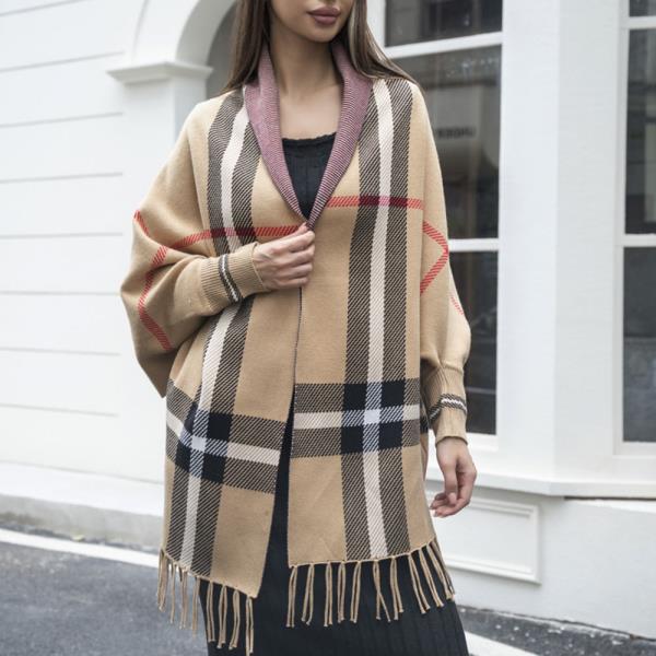 PLAID TASSEL SHAWL PONCHO